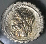 106 BC NGC F L. Scipio Asiaticus Roman Republic Denarius Quadriga Thunderbolt (26101202C)