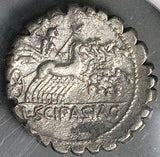 106 BC NGC F L. Scipio Asiaticus Roman Republic Denarius Quadriga Thunderbolt (26101202C)
