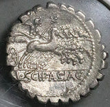 106 BC NGC F L. Scipio Asiaticus Roman Republic Denarius Quadriga Thunderbolt (26101202C)