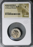106 BC NGC F L. Scipio Asiaticus Roman Republic Denarius Quadriga Thunderbolt (26101202C)