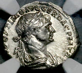 115 NGC AU Trajan Roman Empire Denarius Genius Bonus Eventus Superb Portrait 4/5 4/5 (26091301C)