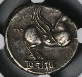 90 BC NGC VF Titius Roman Republic Pegasus Bacchus Liber Denarius (26030902C)
