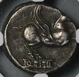 90 BC NGC VF Titius Roman Republic Pegasus Bacchus Liber Denarius (26030902C)