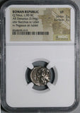 90 BC NGC VF Titius Roman Republic Pegasus Bacchus Liber Denarius (26030902C)