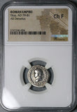 80 NGC Ch F Titus Denarius Roman Empire Chairs Coliseum Vesuvius Commemorative (24051702C)