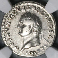 80 NGC Ch F Titus Denarius Roman Curule Chair Rare Left Portrait Coliseum Pompeii (25071501C)