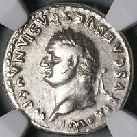 80 NGC Ch F Titus Denarius Roman Curule Chair Rare Left Portrait Coliseum Pompeii (25071501C)