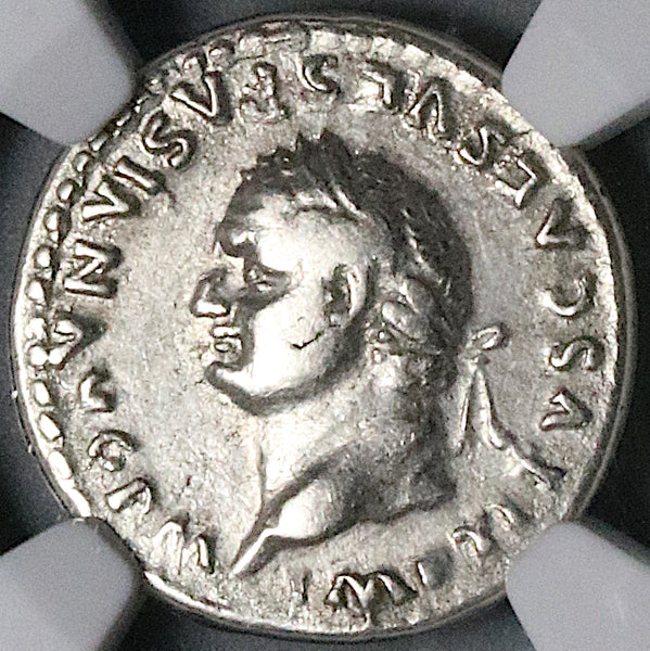 80 NGC Ch F Titus Denarius Roman Curule Chair Rare Left Portrait Coliseum Pompeii (25071501C)