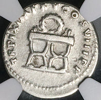 80 NGC Ch F Titus Denarius Roman Curule Chair Rare Left Portrait Coliseum Pompeii (25071501C)