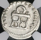 80 NGC Ch F Titus Denarius Roman Curule Chair Rare Left Portrait Coliseum Pompeii (25071501C)