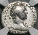 106 NGC Ch F Trajan Roman Empire Denarius DAC CAP Dacian War Victory Trophy Arms (26100401C)
