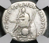 106 NGC Ch F Trajan Roman Empire Denarius DAC CAP Dacian War Victory Trophy Arms (26100401C)