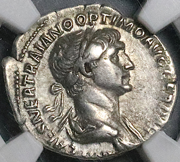 114 NGC XF Fine Style Trajan Denarius Roman Empire Genius SPQR (23060402C)