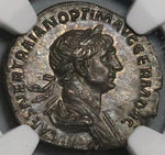 114 NGC AU Trajan Roman Empire Denarius Mars Trophy Spear (23042502C)