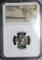 137 BC NGC Ch VF Ti. Veturius Roman Republic Denarius Oath Taking Scene (25012705C)