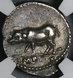 77 NGC Ch VF Vespasian Denarius Roman Empire Sow Piglets Rome Foundation Myth (26041301C)
