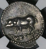 77 NGC Ch VF Vespasian Denarius Roman Empire Sow Piglets Rome Foundation Myth (26041301C)