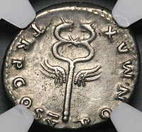 74 NGC Ch VF Vespasian Denarius Roman Empire Winged Caduceus Hermes  COS V (23111001C)