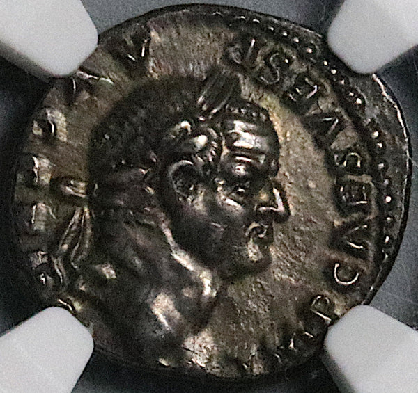 73 NGC AU Vespasian Denarius Roman Empire Emperor Seated Scepter (24051301C)