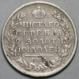 1818 Russia Poltina 1/2 Rouble 50 Kopeks Alexander I St Petersburg Silver Coin (26071501R)