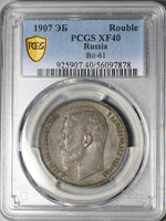 1907 ЭБ PCGS XF 40 Russia Rouble Nicholas II Czar Empire Silver Coin (25101205C)