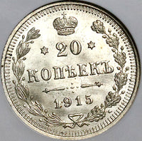 1915 NGC MS 67 Russia 20 Kopeks GEM Nicholas II WWI Silver Coin (241111001D)