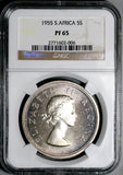 1955 NGC PF 65 South Africa 5 Shillings Elizabeth II GEM Proof Springbok Silver Coin (26092803C)