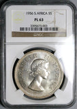 1956 NGC PL 63 South Africa 5 Shillings Crown Elizabeth II 2K Silver Coin (25042801C)
