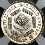 1948 NGC MS 66 South Africa 6 Pence Gem Mint State Protea Flower SIlver Coin (23060103C)
