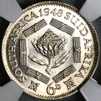 1948 NGC MS 66 South Africa 6 Pence Gem Mint State Protea Flower SIlver Coin (23060103C)