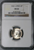 1948 NGC MS 66 South Africa 6 Pence Gem Mint State Protea Flower SIlver Coin (23060103C)