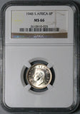 1948 NGC MS 66 South Africa 6 Pence Gem Mint State Protea Flower SIlver Coin (23060103C)