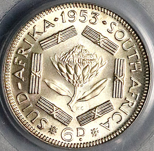 1953 PCGS PR 67 South Africa 6 Pence Gem Proof Protea Flower Coin (23060102C)