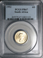 1953 PCGS PR 67 South Africa 6 Pence Gem Proof Protea Flower Coin (23060102C)