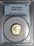1953 PCGS PR 67 South Africa 6 Pence Gem Proof Protea Flower Coin (23060102C)