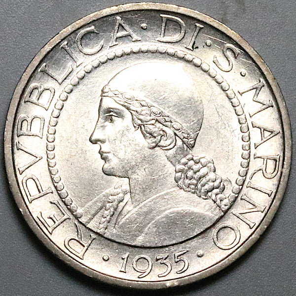1935 San Marino Italy 5 Lire Plow Olives Gem BU Silver Coin (24061601R)