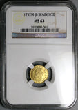 1757 NGC MS 63 Spain 1/2 Escudo Ferdinand VI Gold Madrid Mint Coin (24012502D)