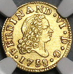 1758/7 NGC MS 63 Spain 1/2 Escudo Ferdinand VI Gold Madrid Mint Coin (24012501D)