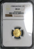1758/7 NGC MS 63 Spain 1/2 Escudo Ferdinand VI Gold Madrid Mint Coin (24012501D)