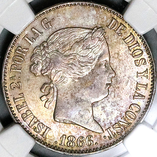 1866 NGC AU 58 Isabel 2 Spain 1 Escudo Madrid Mint Coin POP 1/2 (24111603C)
