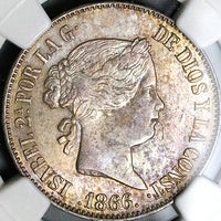 1866 NGC AU 58 Isabel 2 Spain 1 Escudo Madrid Mint Coin POP 1/2 (24111603C)