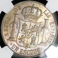 1866 NGC AU 58 Isabel 2 Spain 1 Escudo Madrid Mint Coin POP 1/2 (24111603C)