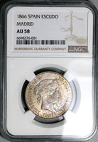1866 NGC AU 58 Isabel 2 Spain 1 Escudo Madrid Mint Coin POP 1/2 (24111603C)