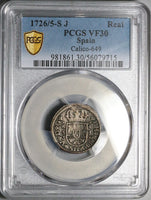 1726/5-S PCGS VF 30 Spain 1 Real Philip V Seville Colonial Silver Coin POP 1/0 (25060102C)