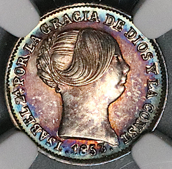1853 NGC MS 61 Spain 1 Real Isabel II Seville Silver Coin POP 1/3 (23061902D)