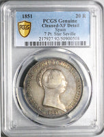 1851 PCGS XF Isabel 2 Spain 20 Reales Seville Mint Silver Crown Coin (25022601C)