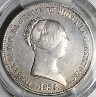1854 PCGS XF Isabel 2 Spain 20 Reales Seville Mint Silver Crown Coin (25022602C)