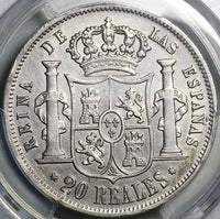 1854 PCGS XF Isabel 2 Spain 20 Reales Seville Mint Silver Crown Coin (25022602C)