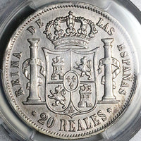 1854 PCGS XF Isabel 2 Spain 20 Reales Seville Mint Silver Crown Coin (25022602C)
