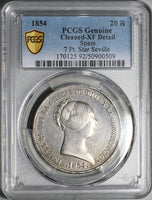 1854 PCGS XF Isabel 2 Spain 20 Reales Seville Mint Silver Crown Coin (25022602C)